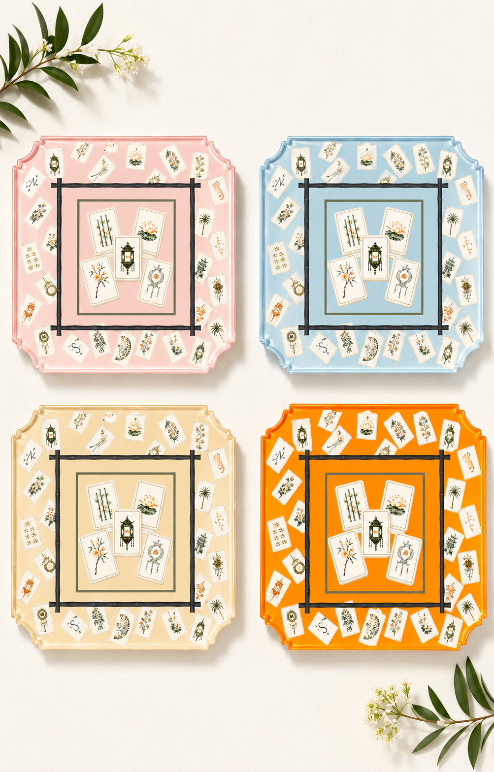 Coaster set, 4 assorted Mahjong Bamboo  print acrylic coasters in acrylic holder