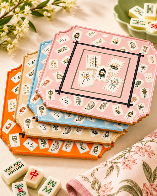 Coaster set, 4 assorted Mahjong Bamboo  print acrylic coasters in acrylic holder