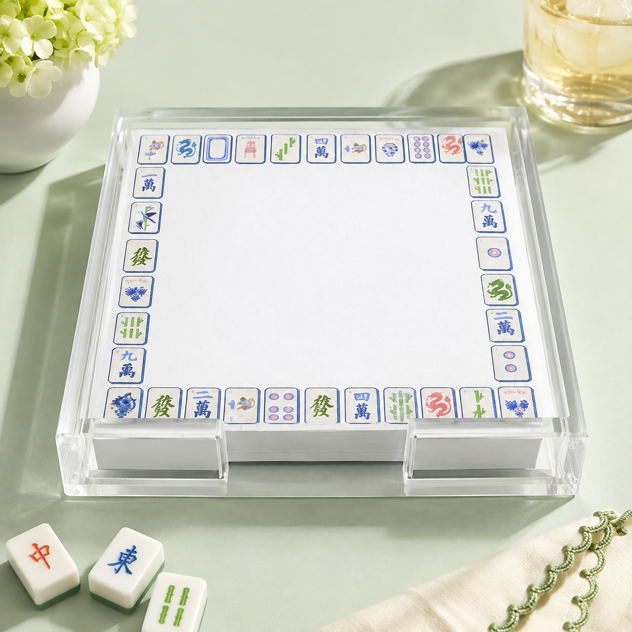 Notepad with Mahjong Preppy Tile Boarded print, with  Acrylic Holder